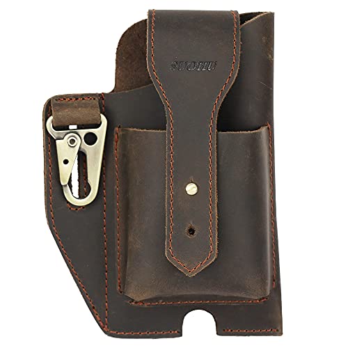 SUOHU Leather Phone Holster with Belt Clip, Leather Cell Phone Holder for Belt, Leather Belt Phone Pouch, Universal Leather Phone Case on Belt, Tactical Leather Phone Belt Bag for iPhone (Dark Brown)