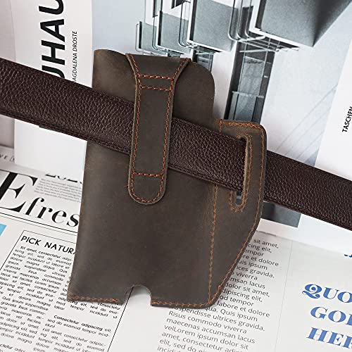 SUOHU Leather Phone Holster with Belt Clip, Leather Cell Phone Holder for Belt, Leather Belt Phone Pouch, Universal Leather Phone Case on Belt, Tactical Leather Phone Belt Bag for iPhone (Dark Brown)