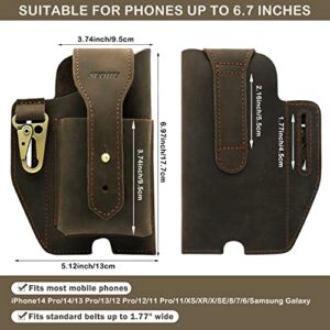 SUOHU Leather Phone Holster with Belt Clip, Leather Cell Phone Holder for Belt, Leather Belt Phone Pouch, Universal Leather Phone Case on Belt, Tactical Leather Phone Belt Bag for iPhone (Dark Brown)