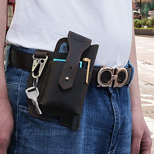 SUOHU Leather Phone Holster with Belt Clip, Leather Cell Phone Holder for Belt, Leather Belt Phone Pouch, Universal Leather Phone Case on Belt, Tactical Leather Phone Belt Bag for iPhone (Dark Brown)