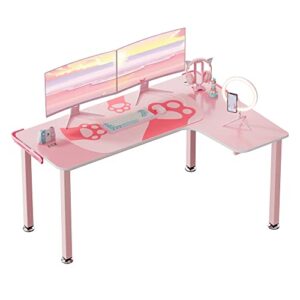 designa pink gaming desk, 60 inch pink l shaped gaming desk, with full covered cute pink desk mat for girl gaming desk pink, easy to assemble, right side