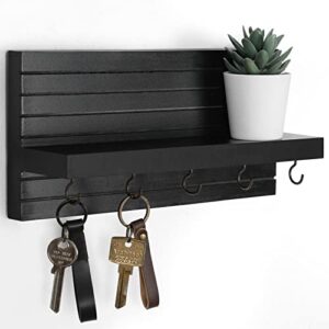 decorative key holder for wall with shelf, entryway shelf with hooks holds leashes, jackets and glasses – sturdy wood keyholder entrance hanger with mounting hardware (11.8” x 5.5” x 3.1”) (black)