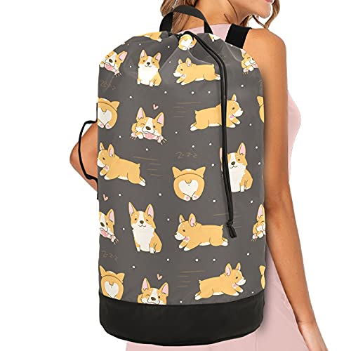 Corgi Dogs Laundry Bag Large Heavy Duty Laundry Backpack with Adjustable Shoulder Straps for Traveling Dirty Clothes Organizer for College Students Waterproof