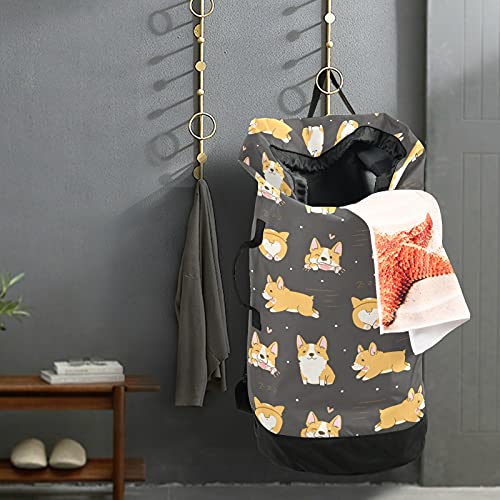 Corgi Dogs Laundry Bag Large Heavy Duty Laundry Backpack with Adjustable Shoulder Straps for Traveling Dirty Clothes Organizer for College Students Waterproof