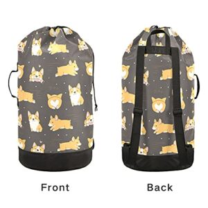 Corgi Dogs Laundry Bag Large Heavy Duty Laundry Backpack with Adjustable Shoulder Straps for Traveling Dirty Clothes Organizer for College Students Waterproof