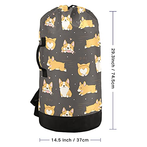 Corgi Dogs Laundry Bag Large Heavy Duty Laundry Backpack with Adjustable Shoulder Straps for Traveling Dirty Clothes Organizer for College Students Waterproof
