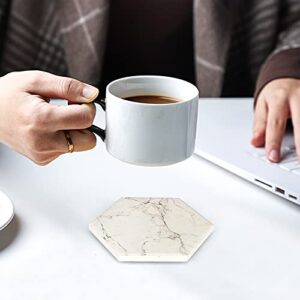 6 Pcs Cute Marble Absorbent Coaster Set with Holder Hexagon Drink Coasters Modern White Ceramic Thirstystone Coasters Cup Wine Coaster Table Bar Coasters Stone Coasters