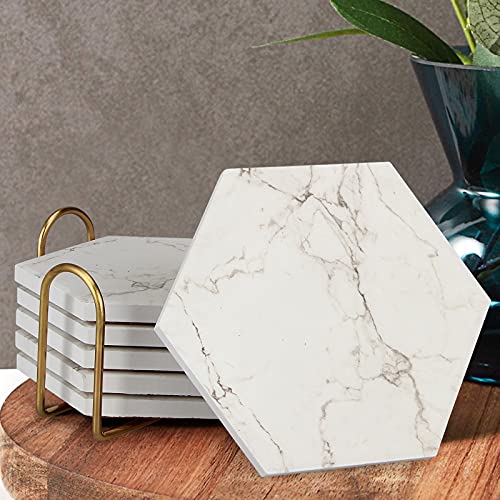 6 Pcs Cute Marble Absorbent Coaster Set with Holder Hexagon Drink Coasters Modern White Ceramic Thirstystone Coasters Cup Wine Coaster Table Bar Coasters Stone Coasters