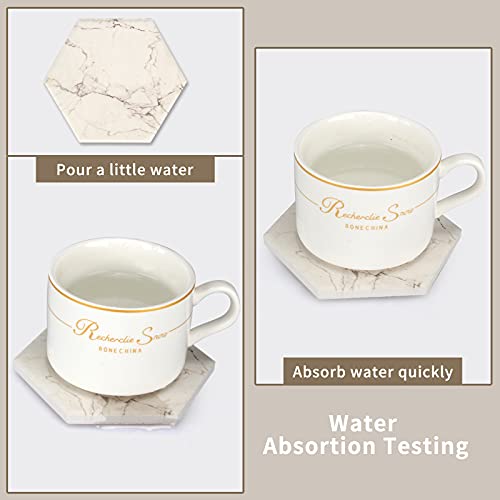 6 Pcs Cute Marble Absorbent Coaster Set with Holder Hexagon Drink Coasters Modern White Ceramic Thirstystone Coasters Cup Wine Coaster Table Bar Coasters Stone Coasters