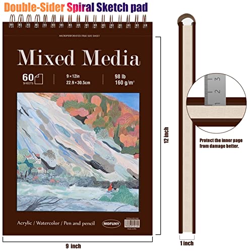 Mixed Media Sketch Pad, 9 x 12 inches, 60 Sheets (98lb/160gsm) Heavyweight Drawing Papers, Top Spiral Bound Hardcover Sketchbook, for Wet and Dry Media, Drawing, Painting