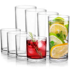 zulay plastic tumblers drinking glasses set of 8 clear - 4 each: 12oz and 16oz acrylic cups for kitchen - unbreakable, dishwasher safe plastic glasses set