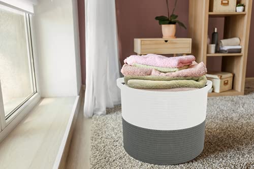 Round Cotton Laundry Rope Basket Natural Pure Woven Perfect for Blankets, Pillows, Toys and Any Other Storage in the Living or Any Other Room Grey/White (XXXL - 22" X 14")