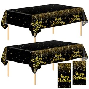 aneco 2 pack black gold happy birthday tablecloths party table cloth covers table covers for party decorations wedding supplies, 108 x 54 inches