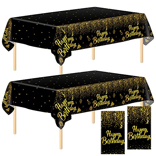 Aneco 2 Pack Black Gold Happy Birthday Tablecloths Party Table Cloth Covers Table Covers for Party Decorations Wedding Supplies, 108 x 54 Inches