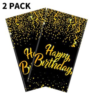 Aneco 2 Pack Black Gold Happy Birthday Tablecloths Party Table Cloth Covers Table Covers for Party Decorations Wedding Supplies, 108 x 54 Inches