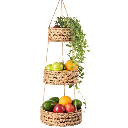 Hanging Fruit Basket Handmade Woven Hanging Basket Kitchen Storage. 3-Tier Fruit Baskets for Produce. Boho Hanging Planter Baskets - Kitchen Produce Storage Eco Friendly Organizer Heavy Duty