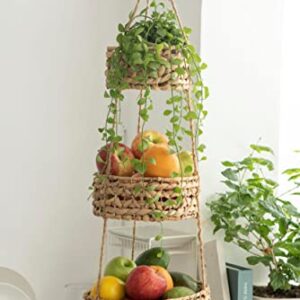 Hanging Fruit Basket Handmade Woven Hanging Basket Kitchen Storage. 3-Tier Fruit Baskets for Produce. Boho Hanging Planter Baskets - Kitchen Produce Storage Eco Friendly Organizer Heavy Duty