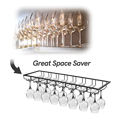 Xverycan Wine Glass Rack Under Cabinet, 8 Row Extreme Large Stemware Hanger, Metal Wine Glass Holder, DIY Bar Glass Storage Rack for Bar Counter, Kitchen, Screws Included (Black)
