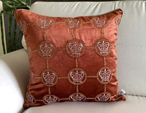 tara- sparkling homes 18 x 18 inches velvet zari embroidered luxury decorative throw pillow cover 'cleopatra' from the royal collection for couch living room (burnt orange, 18 x 18 inches)