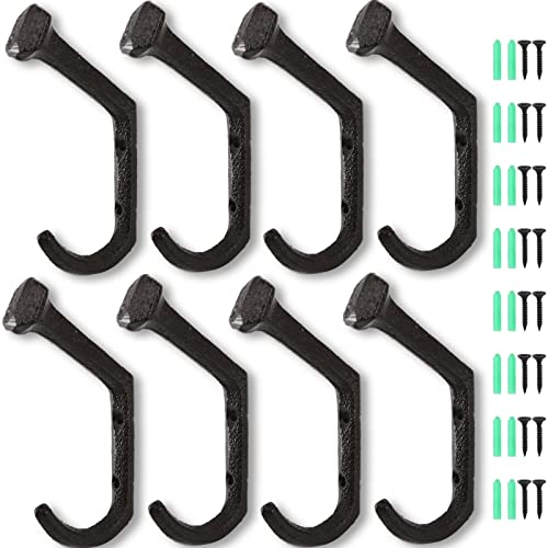 Dicunoy 8PCS Rustic Cast Iron Hooks, Wall Mounted Farmhouse Coat Hangers, Heavy Duty Vintage Black Railroad Spike Hooks for Hanging Coats, Bags, Hats, Towels, Keys, Clothes, Scarf