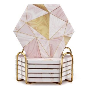 6 pcs pink marble coasters with holder gold absorbent drink coasters hexagon cute ceramic table coaster set decorative bar coasters modern coffee cup coasters