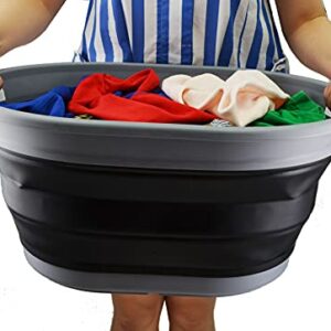 SAMMART 28L (7.4 gallon) Collapsible Plastic Laundry Basket-Oval Tub/Basket - Portable Washing Tub-Space Saving Laundry Hamper, Water capacity: 22L (5.8 gallon) (1, Dark Grey/Black)