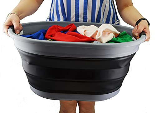 SAMMART 28L (7.4 gallon) Collapsible Plastic Laundry Basket-Oval Tub/Basket - Portable Washing Tub-Space Saving Laundry Hamper, Water capacity: 22L (5.8 gallon) (1, Dark Grey/Black)