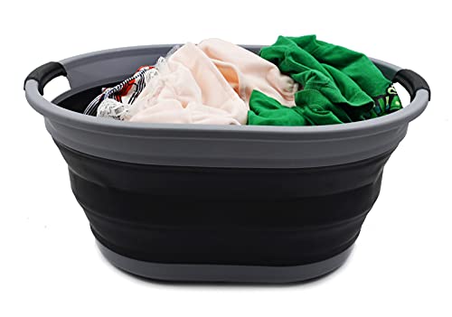 SAMMART 28L (7.4 gallon) Collapsible Plastic Laundry Basket-Oval Tub/Basket - Portable Washing Tub-Space Saving Laundry Hamper, Water capacity: 22L (5.8 gallon) (1, Dark Grey/Black)