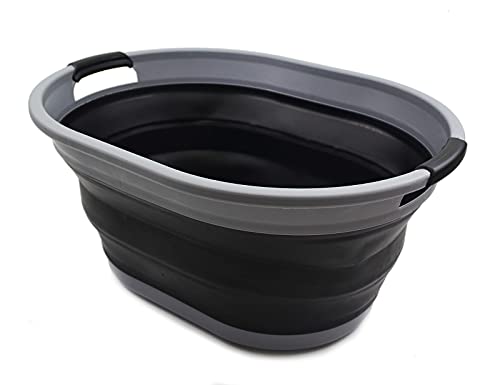 SAMMART 28L (7.4 gallon) Collapsible Plastic Laundry Basket-Oval Tub/Basket - Portable Washing Tub-Space Saving Laundry Hamper, Water capacity: 22L (5.8 gallon) (1, Dark Grey/Black)