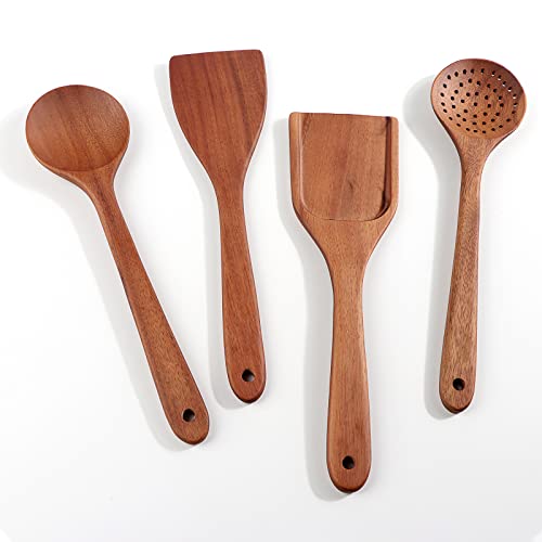 Acacia Wooden Utensils Set 4 Pcs,Nonstick Wooden Kitchen Utensil Set,Wooden Spoon Set inicluding Spoon,Skimmer,Spatula,Turner(4 pack)