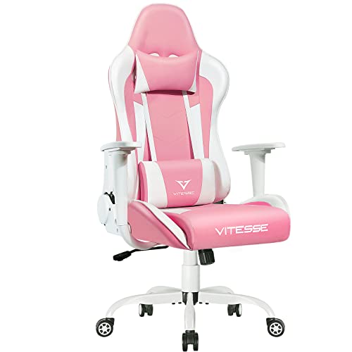 PUKAMI Pink Cute Kawaii Gaming Chair for Girl Ergonomic Desk Racing Office Chair Adjustable High Back Game Chair Swivel Leather Chair with Lumbar Support and Headrest