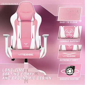 PUKAMI Pink Cute Kawaii Gaming Chair for Girl Ergonomic Desk Racing Office Chair Adjustable High Back Game Chair Swivel Leather Chair with Lumbar Support and Headrest