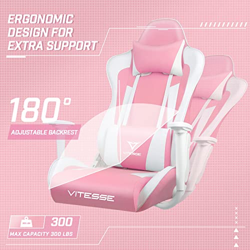 PUKAMI Pink Cute Kawaii Gaming Chair for Girl Ergonomic Desk Racing Office Chair Adjustable High Back Game Chair Swivel Leather Chair with Lumbar Support and Headrest