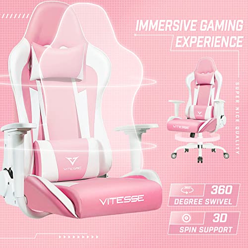 PUKAMI Pink Cute Kawaii Gaming Chair for Girl Ergonomic Desk Racing Office Chair Adjustable High Back Game Chair Swivel Leather Chair with Lumbar Support and Headrest