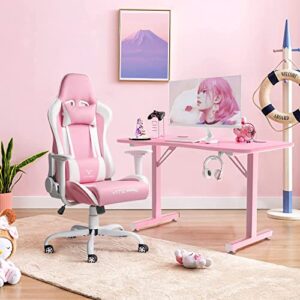 PUKAMI Pink Cute Kawaii Gaming Chair for Girl Ergonomic Desk Racing Office Chair Adjustable High Back Game Chair Swivel Leather Chair with Lumbar Support and Headrest