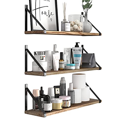 Wallniture Bora Floating Shelves for Wall, 24"x6" Bathroom Storage Shelves, Rustic Wood Shelf Set of 3, Burned Finish