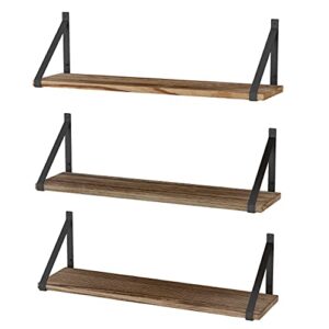 Wallniture Bora Floating Shelves for Wall, 24"x6" Bathroom Storage Shelves, Rustic Wood Shelf Set of 3, Burned Finish