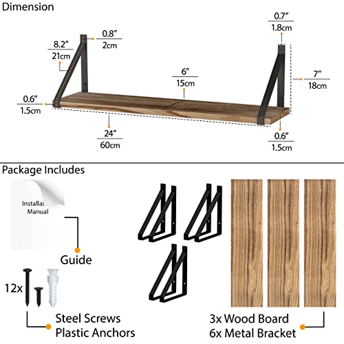 Wallniture Bora Floating Shelves for Wall, 24"x6" Bathroom Storage Shelves, Rustic Wood Shelf Set of 3, Burned Finish