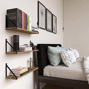 Wallniture Bora Floating Shelves for Wall, 24"x6" Bathroom Storage Shelves, Rustic Wood Shelf Set of 3, Burned Finish