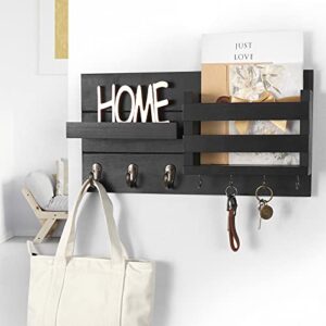 Lwenki Mail Organizer for Wall Mount – Key Holder with Shelf Includes Letter Holder and Hooks for Coats, Dog Leashes – Rustic Wood with Flush Mounting Hardware (16.5” x 8.7” x 3.5”)