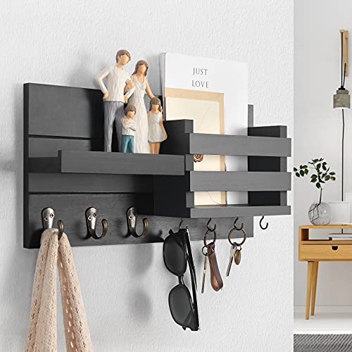 Lwenki Mail Organizer for Wall Mount – Key Holder with Shelf Includes Letter Holder and Hooks for Coats, Dog Leashes – Rustic Wood with Flush Mounting Hardware (16.5” x 8.7” x 3.5”)