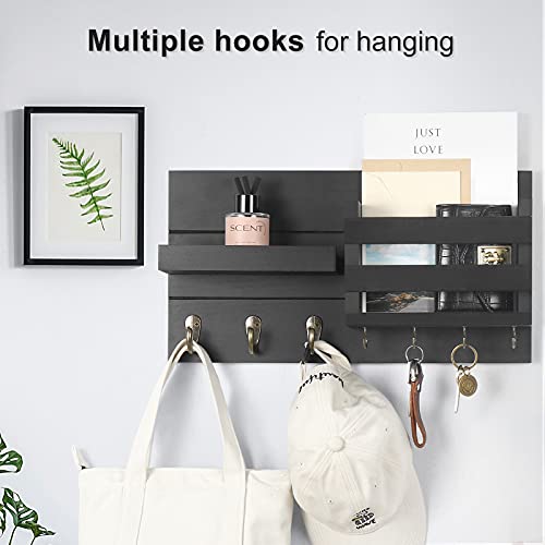 Lwenki Mail Organizer for Wall Mount – Key Holder with Shelf Includes Letter Holder and Hooks for Coats, Dog Leashes – Rustic Wood with Flush Mounting Hardware (16.5” x 8.7” x 3.5”)