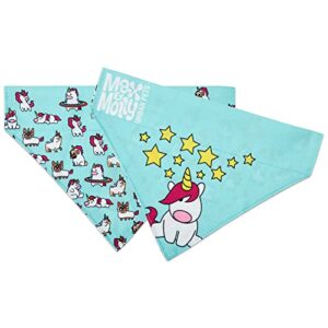 max & molly reversible fabric bandana for dogs & cats, soft washable fabric, no-tie design, pet collar slides through top loop to keep bandana securely in place unicorns (m/l)
