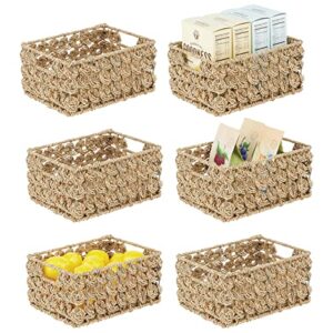 mdesign seagrass woven rectangular storage basket bin with handles, rectangle weave seagrass storage baskets for shelves, cubbies, home, hold hand towels, food, snacks, appliances, 6 pack, natural/tan