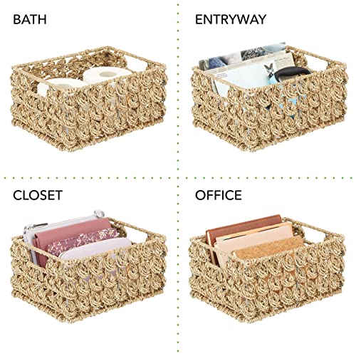 mDesign Seagrass Woven Rectangular Storage Basket Bin with Handles, Rectangle Weave Seagrass Storage Baskets for Shelves, Cubbies, Home, Hold Hand Towels, Food, Snacks, Appliances, 6 Pack, Natural/Tan