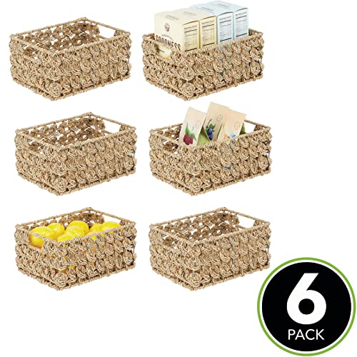 mDesign Seagrass Woven Rectangular Storage Basket Bin with Handles, Rectangle Weave Seagrass Storage Baskets for Shelves, Cubbies, Home, Hold Hand Towels, Food, Snacks, Appliances, 6 Pack, Natural/Tan