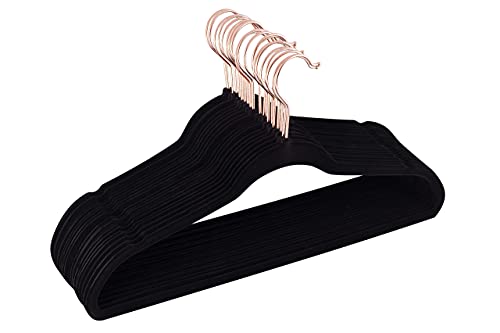 Premium 60 Velvet Hangers with Rose Gold Hook Durable & Slim Non-Slip Velvet Hangers - 360 Degree rotatable Hook Space Saving Ultra Thin Velvet Hangers for Coats, Pants, Suit, Jacket (Black, 60)