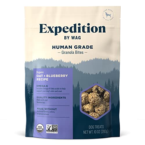 Amazon Brand - Wag Expedition Human Grade Organic Granola Bites Dog Treats, Non-GMO, Gluten Free, Oat & Blueberry, 10oz