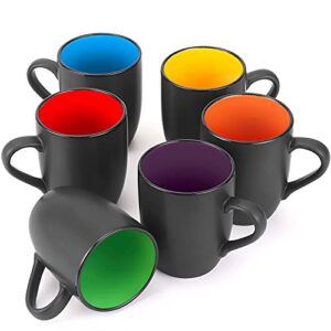 farielyn-x 6 pack coffee mug set, 16 ounce ceramic coffee cups, black large coffee mugs, restaurant coffee cups for coffee, tea, cappuccino, cocoa, cereal, matte black outside and colorful inside