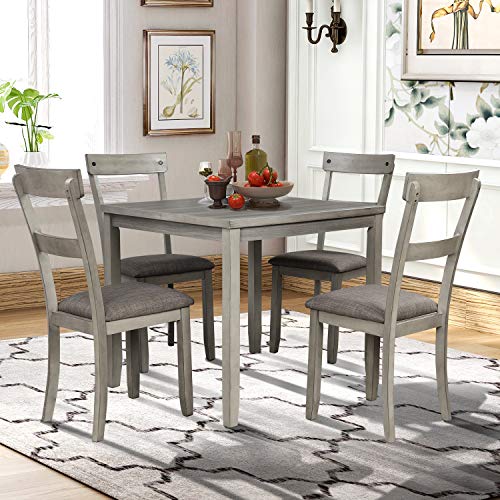 Merax 5 Piece Dining Table Set for Small Space, Farmhouse Style, Wood Square Dining Room Table Set with Square Kitchen Table and 4 Padded Chairs Set